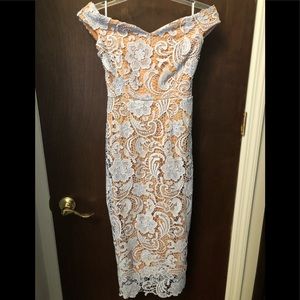 Boohoo Lace Off the Shoulder Midi Pencil Dress